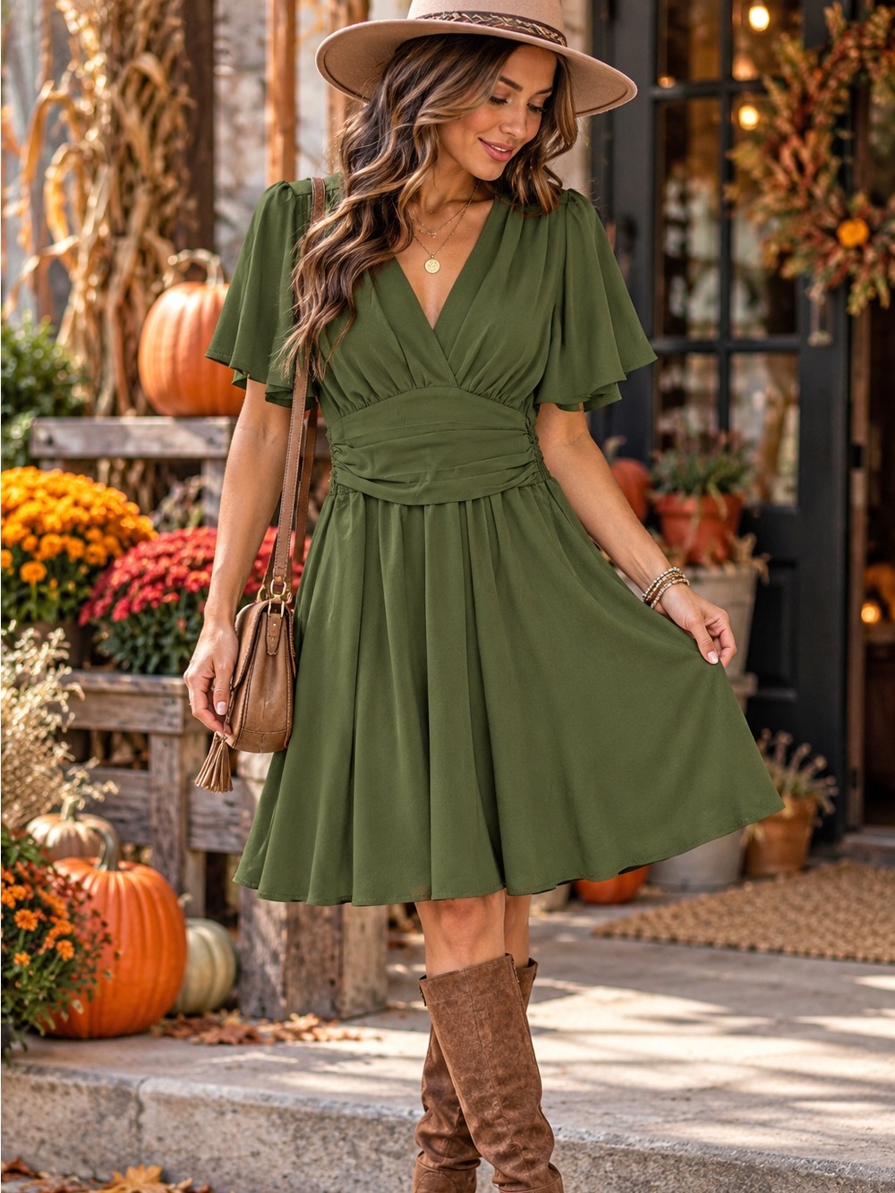SHEIN Olive Green Flutter Sleeve V-Neck Ruched Waist Dress Size M